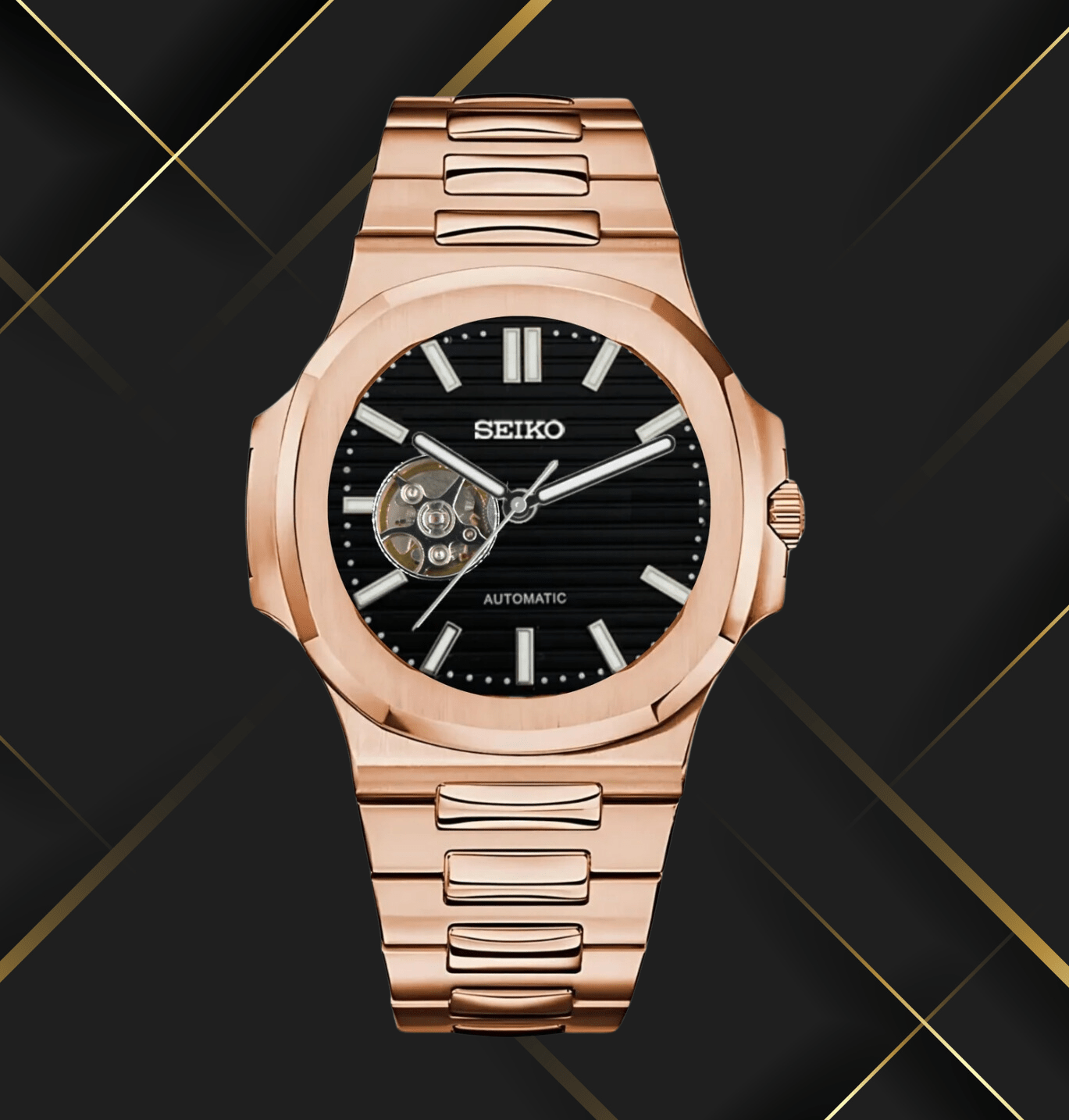 SeikoMod Nautilus (Open Heart) Rose Gold - Black